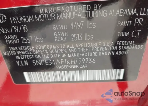 2019 Hyundai Sonata Sport from USA, damaged, VIN 5NPE34AF1KH759236